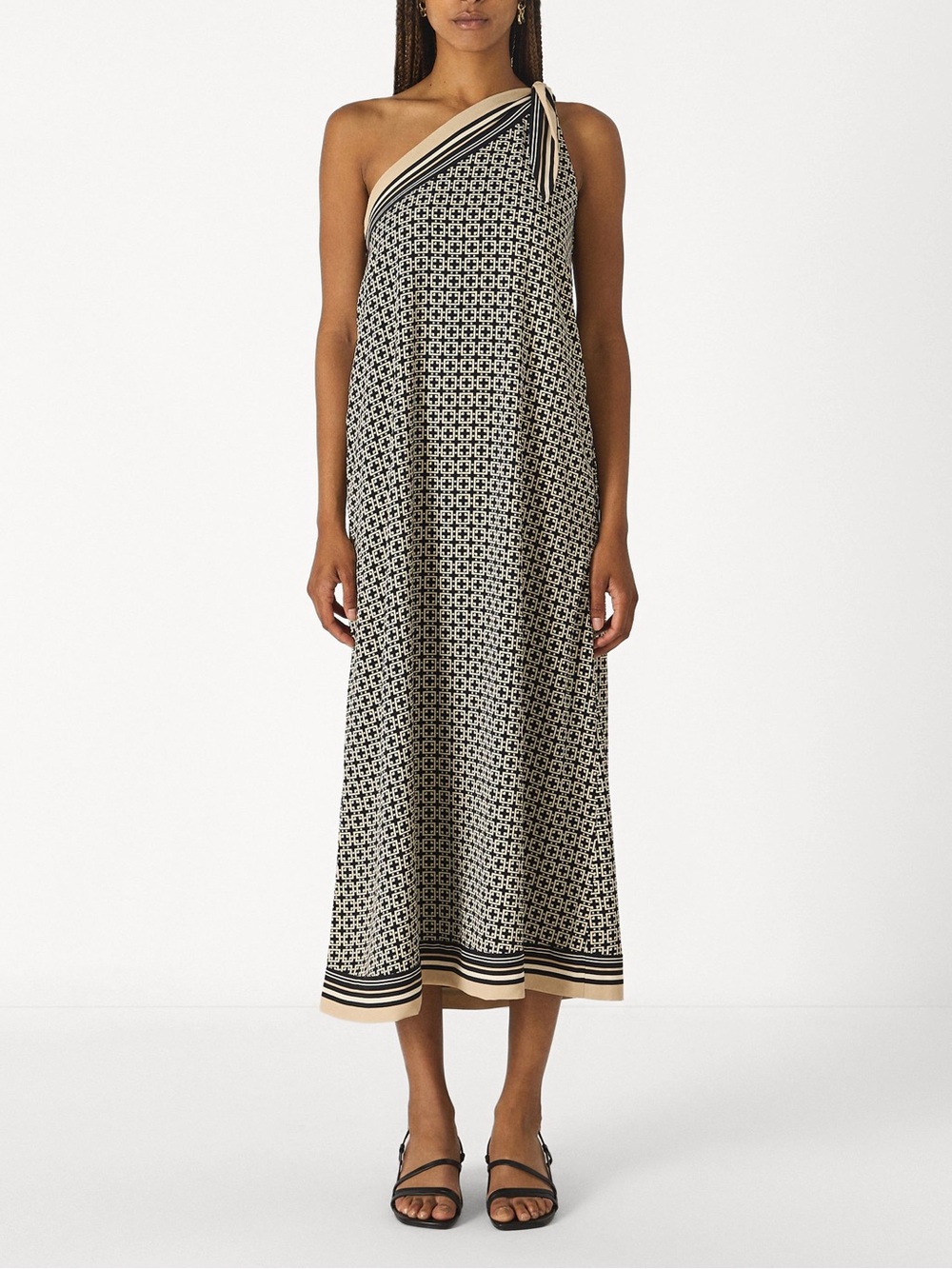 Abercrombie One Shoulder Scarf Maxi Dress Cream Black Geometric Print L - Picture 5 of 8